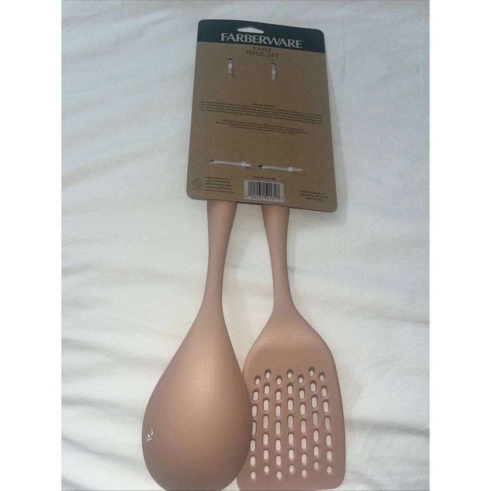 Farberware Cooking Utensils Salmon Nylon Slotted Turner & Basting Spoon Set -NEW